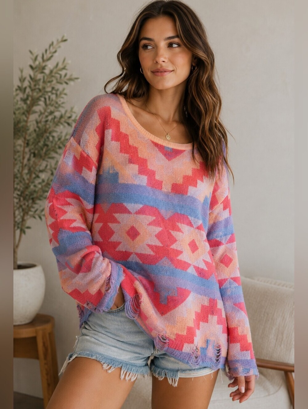 Wildfox Desert Drive Acid Pink Southwestern Distressed Oversized Sweater S